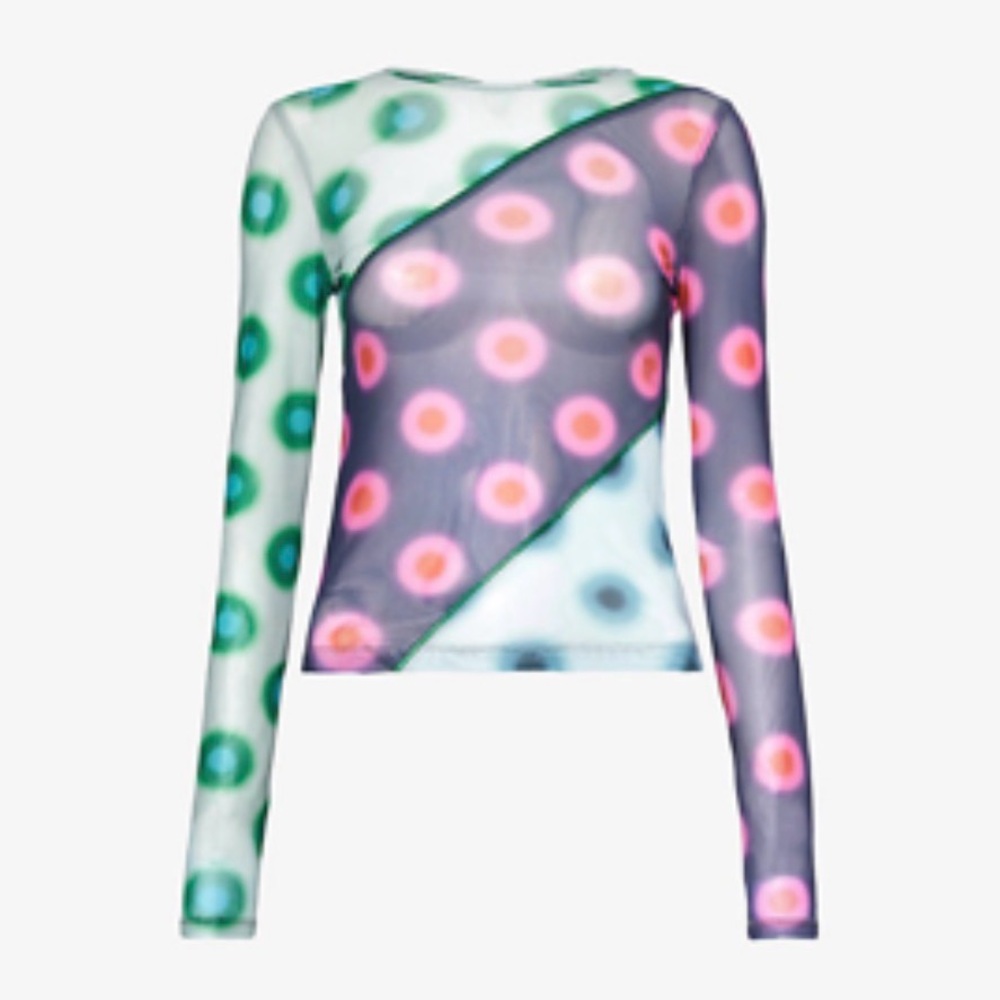 MIAOU Polka Dot PatchworkLong Sleeve Mesh Sheer T-shirt Sz S Y2K Bratz 2000’s